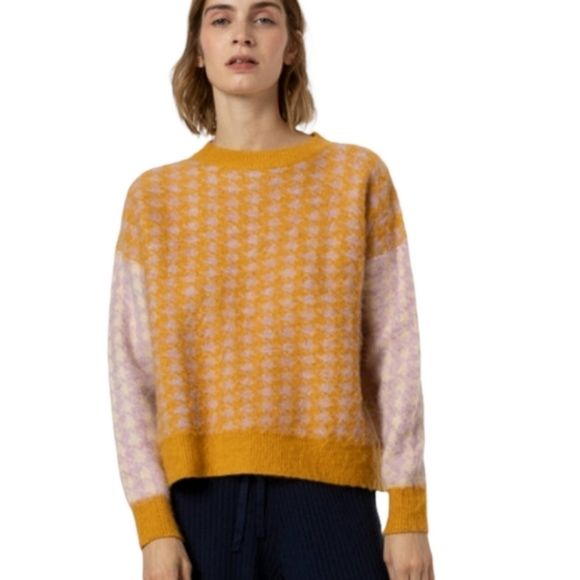 FRNCH Sweaters - FRNCH Fuzzy Houndstooth Purple Mustard Judithe Sweater Womens Size Small Yellow